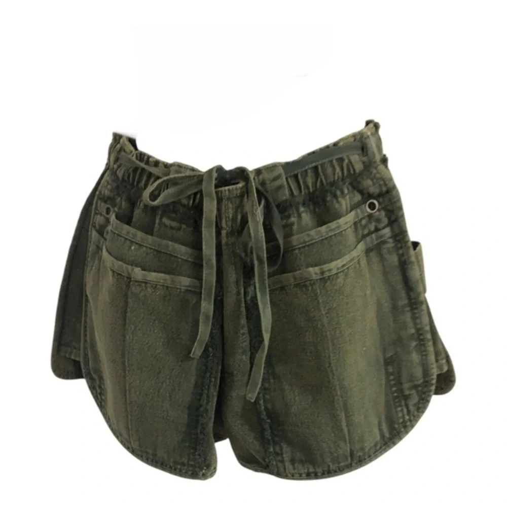 Free People green washed denim fringe paperbag waist‎ cotton shorts size XS new